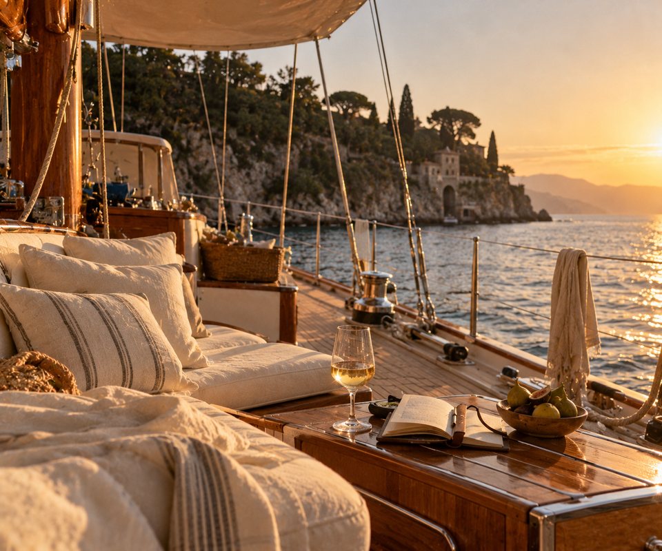 Deck of a wooden sailing yacht at sunset