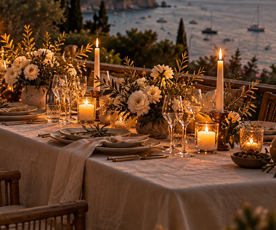 Candlelit terrace table with white flowers above the sea