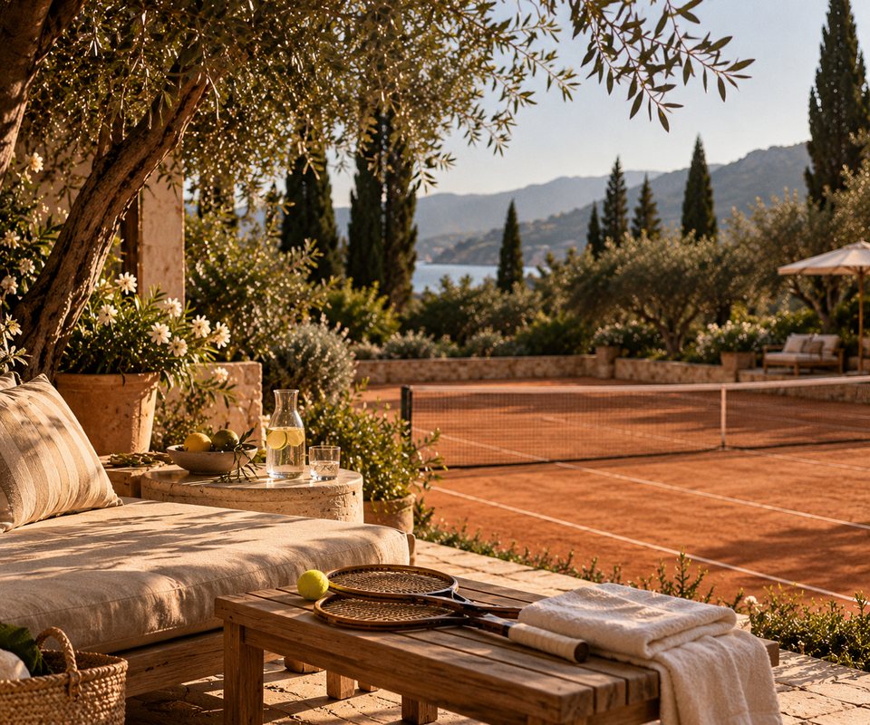 Clay tennis court beside a garden lounge, with rackets and a towel